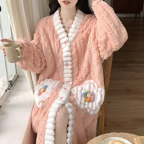 Plus Size Women's Sleepwear Autumn Winter Thick Coral Fleece Robe Comfortable Home Clothes Casual Style V-Neck Pure Color
